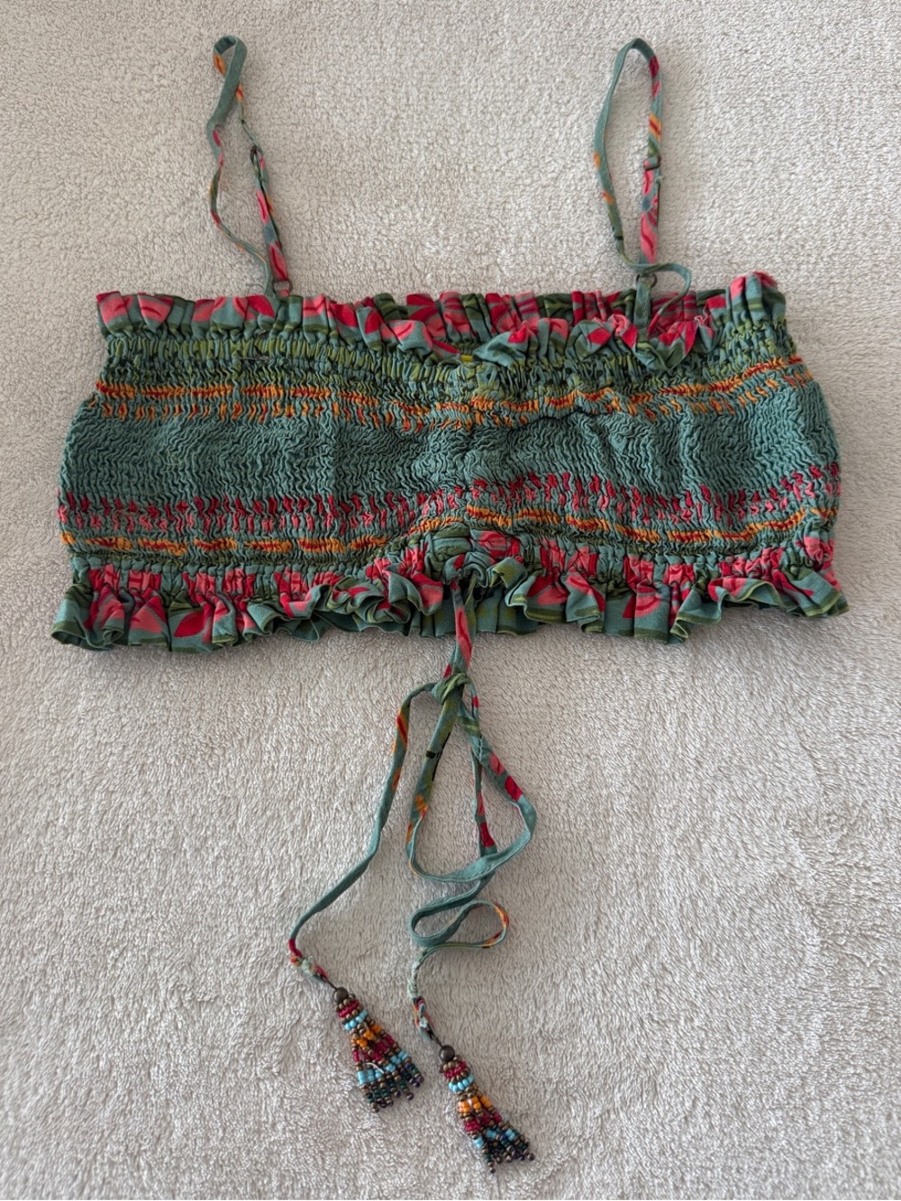 FARM Rio Green Smocked Crop Top with Pink & Orange Accents